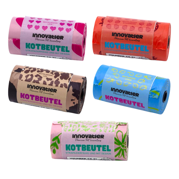 Design-Kotbeutel – alle fünf Designs: Love, Strawberry, Leo, Citrus und Flora