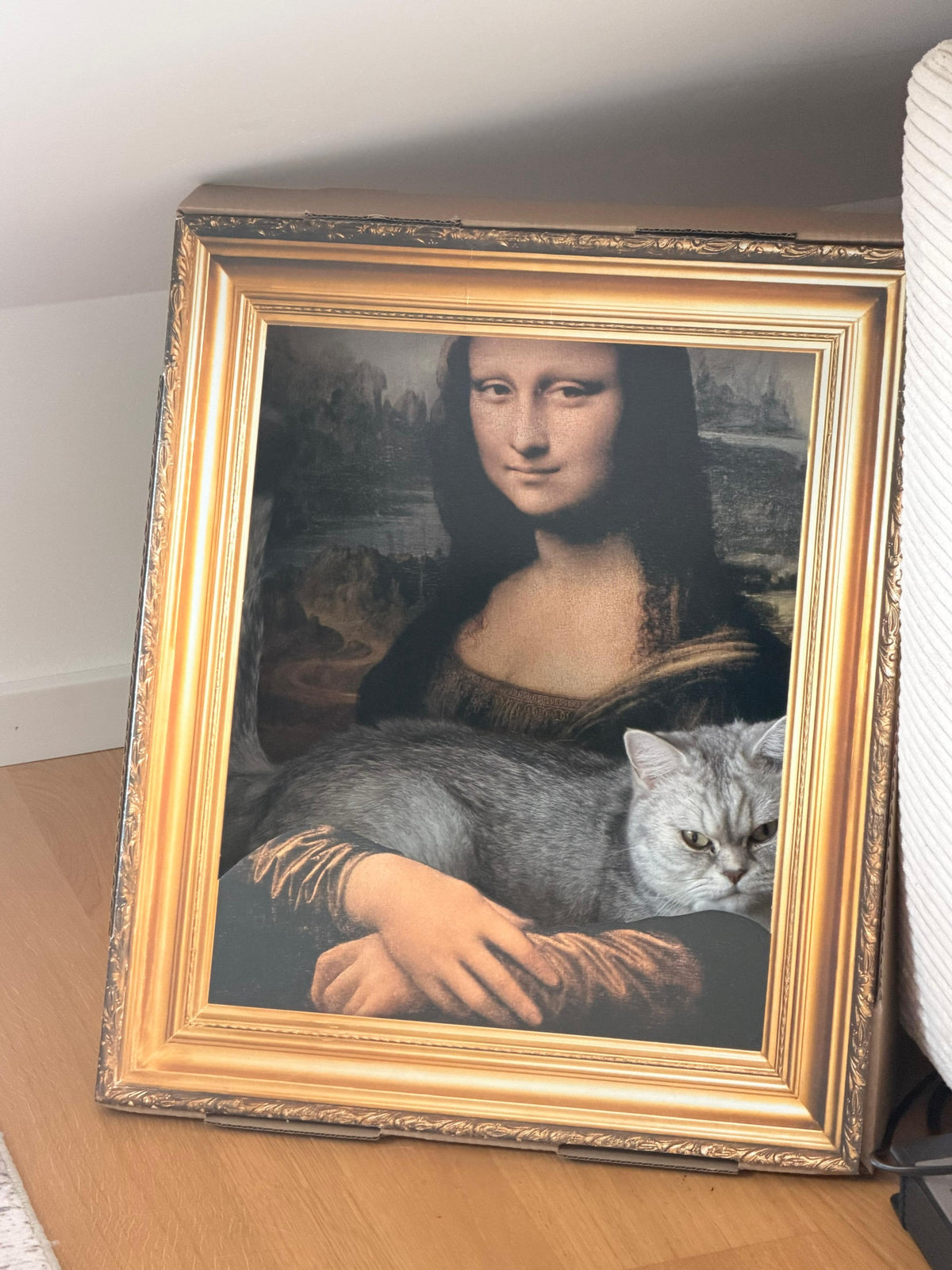 Katzen-Bilderrahmen Mona Lisa mit Katze Pino im Wohnzimmer